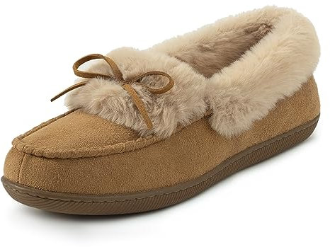 RockDove Damen Mokassin Hausschuh mit Kunstfellfutter und Mikrofaser-Wildleder, 39 EU, Hellbraun