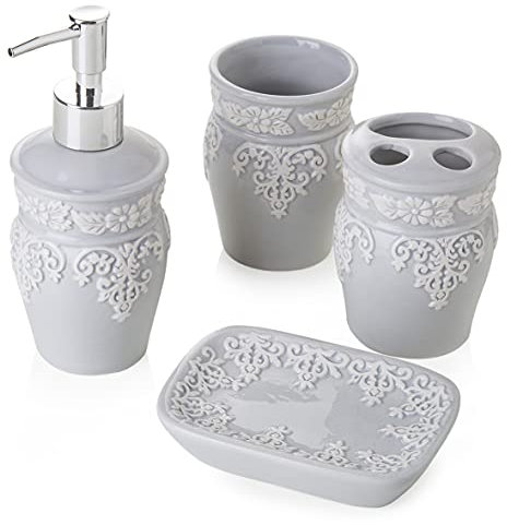 Baroni Home Badezimmer-Set 4-TLG, aus hellgrau Keramik, Enthält Seifenspende, Zahnputzbecher, Seifenschale und Becher