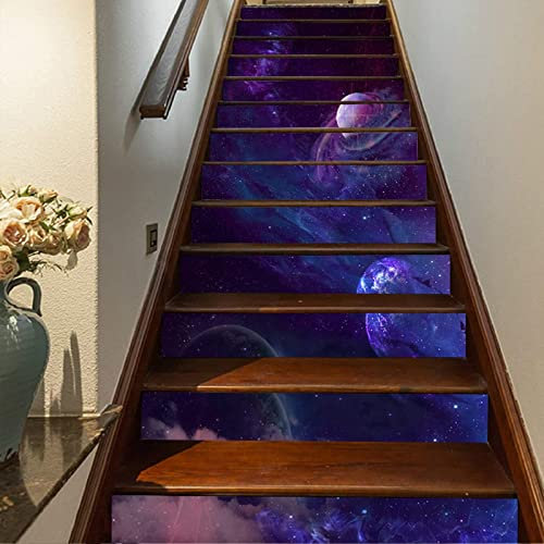 FLFK 13Pcs Galaxy Star Field in Space Staircase Sticker Peel and Sick 39.37x7.08,Self-Adhesive Stair Risers Stickers Decals Mural Wallpaper for Home Decor