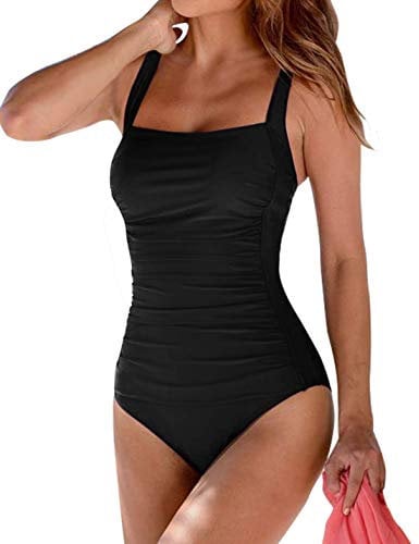 Husmeu Swimming Costume Women's Vintage Padded Push up One Piece Swimsuits Tummy Control Bathing Suits Swimwear Black XXL