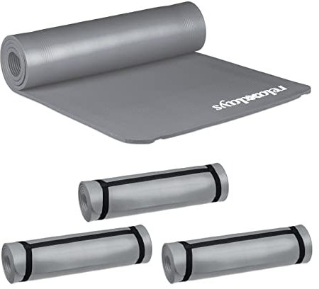Relaxdays 4 x Yogamatte, 1 cm dick, für Pilates, Fitness, gelenkschonend, mit Tragegurt, Gymnastikmatte 60 x 180 cm, grau