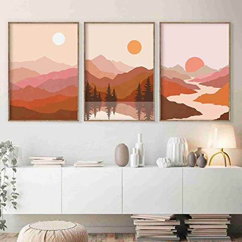 BDHcdfAJGf Boho Wall Gemälde Abstract Mountain Poster Landscape Gemälde Print Terracotta Burnt Orange Canvas Painting Nordic Wall Picture Bedroom Deko 50x70cmx3 Unframed
