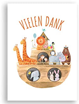 Friendly Fox Dankeskarten Arche, 12 Dankeschön Karten mit Arche Noah Motiv, Klappkarte blanko mit Umschlag, DIN A6 Karten Danke sagen