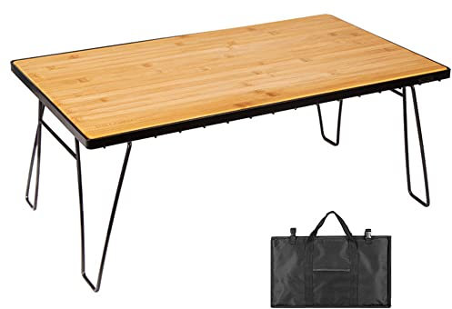 XVBVS Tragbarer Camping-Klapptisch, Picknick-Eisengitterhalterung im Freien und Bambus-Bretttisch, Leichter Zusammenklappbarer Tisch mit Tragetasche für Grillen, Wandern, Strand, Angeln