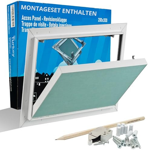 Tapa de revisión, 200x300 mm, sin espátulas, 20x30 cm, lista para pintar, construcción en seco, yeso, 12,5 mm, TMP, con marco de aluminio, apertura de mantenimiento, apta para entornos húmedos.