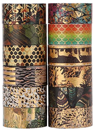 Animal Stripes Washi Tape Set 12 Rollen, 15mm Breit Goldfolie Gedruckt Tier Streifen Muster, Japanisches Abdeckband (3m), Dekor für Scrapbook, Bullet Journal, Scrapbooking Supplies