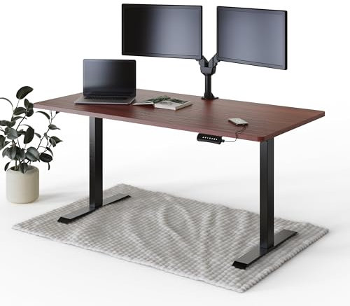 DESKSPACE PRO Elektrisch höhenverstellbarer Schreibtisch - 160x80cm Mahagoni Tischplatte, Ergonomischer Stehpult mit Memory Funktion & Kollisionschutz, Schwarzes elektrisches Gestell mit Ladebuchse