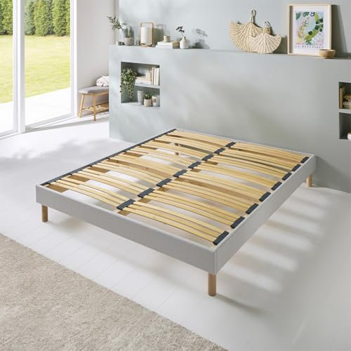 BELLECOUR LITERIE | Sommier à Lattes en Bois avec Pieds CAPITOLE 140x190 cm Hauteur 30 cm | Cadre de lit Robuste Gris Clair | Montage Facile