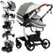 MoLi PU-Leder Kinderwagen 3 in 1, Kinderwagen mit Umkehrbarem Doppelschiebemodus, Buggy Großer Bequemer Babywanne, Kombikinderwagen 3 in 1 Rahmen Aluminiumlegierung Faltbar Hohe Landschaft (518 Grey)