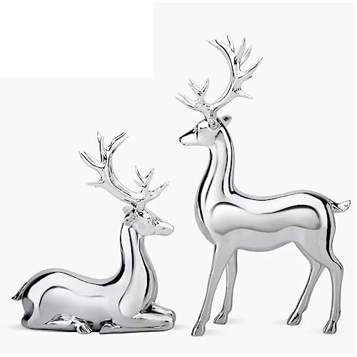 AAHIFIT Elch Hirsch Statue Rentier Figuren Harz Skulptur Wohnzimmer Heimdekoration Nordic Tischplatte Ornamente (Silber 2 Stück)
