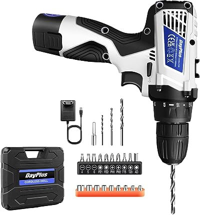 Perceuse Visseuse Sans Fil 12V, Alimentée par Batterie avec Mandrin Sans Clé de 10mm, 2 Vitesses, Lumière LED Intégrée, Perceuse Électrique à Percussion Pour Percer et Serrer/Desserrer le Vis, Blanc