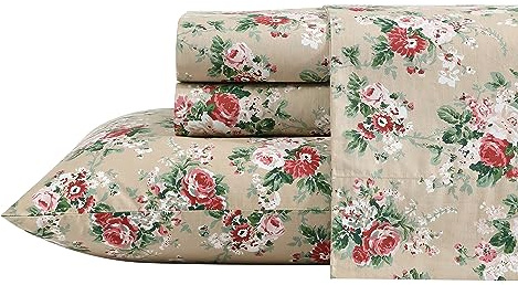 Laura Ashley - King Sheets, Cotton Percale Bedding Set, Lightweight & Breathable Home Decor (Ashfield Beige, King)