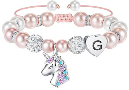 TINGN Cadeaux Licorne pour Filles - Perles Roses et Boules de Strass Bracelets Licorne Initiale Coeur pour Filles Bracelet Licorne Arc-en-Ciel CZ Cadeaux d'anniversaire pour Filles Bijoux Cadeaux (G)