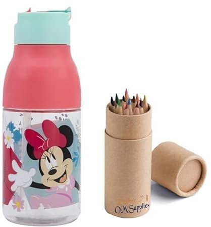 OM SUPPLIES Bottiglia Ecozen riutilizzabile a doppia apertura con personaggi di Minnie da 420 ml, tappo antigoccia con cannuccia integrata, include 12 matite (Minnie)
