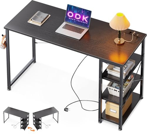 ODK Schreibtisch,120x40x75cm Computertisch Klein mit 3 Steckdose und USB Ladeanschluss, PC Tisch mit Umkehrbarem Regal Kinder Schreibtisch fürs Büro, Wohnzimmer, Schwarz