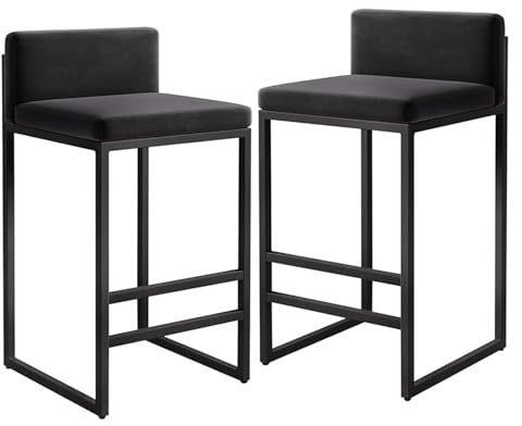 Samt-Barhocker mit Rückenlehne und Schwarzer Metallfußstütze, Moderner Gepolsterter Hoher Hocker Barstuhl Esszimmerhocker Inselhöhe für Frühstück, Theke, Bistro (2 Stü(Size:75cm(29.5''),Color:Schwarz)
