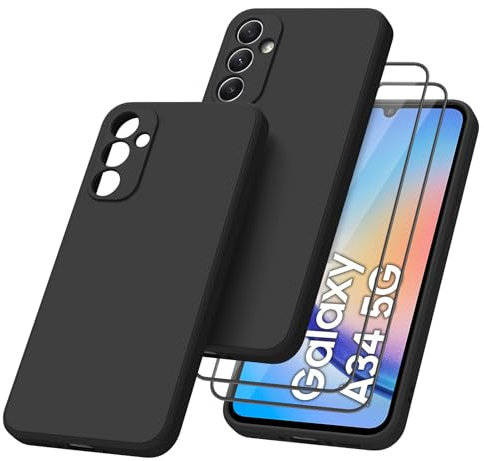 AK Funda para Samsung Galaxy A34 5G con 2Piezas Protector de Pantalla Cristal Templado,Funda de Liquida Suave Silicona para Samsung Galaxy A34 5G Carcasa Protectora Anti-Choque Case(Negro)