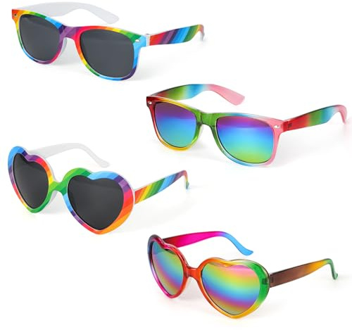 HIFOT Herz Sonnenbrille + Regenbogen Retro Sonnenbrillen Set, Partybrille Y2k Festival Must Haves Bunte Sonnenbrille Zubehör Damen Herren Kinder, Lustige Brillen Coole Sonnenbrille Vintage
