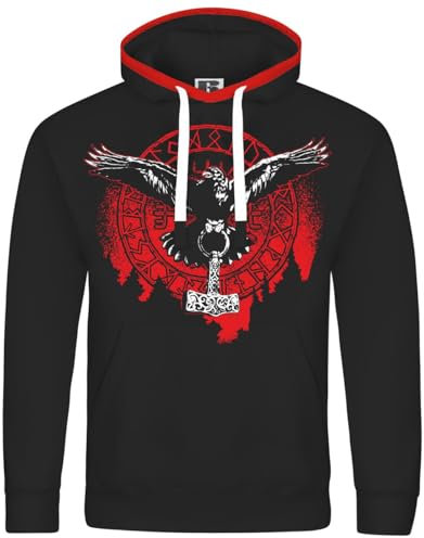 SONS OF ODIN Herren Kapuzenpullover Odins Rabe mit Thors Hammer Wikinger Motiv wotansknoten
