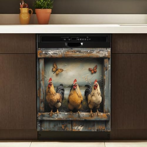 Homega Bauernhof Geschirrspüler Magnetabdeckung, Landhaus Hahn Geschirrspüler Aufkleber, Retro Holzgeräte Kühlschrankabdeckung, 23 W x 26 H inch, Magnetfolie, 1 Stück