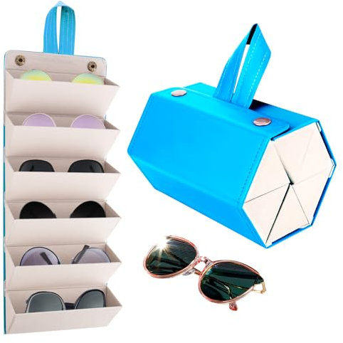 CTDMJ Sunglasses Travel Case, 6-Slot Glasses Storage Box Foldable Glasses Storage Case PU Leather Eyewear Storage Box, Multiple Travel Sunglasses Organizer Case Hanging Glasses Case (Blue)