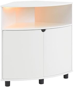 HOMES: Inside + Out Berg Moderner LED-Eckschrank mit Türen und 2 Ablagen, USB-Ladekabel, Kleiner TV-Ständer für Wohnzimmer, Heimbüro, Holzwerkstoff, Weiß, rein, Einheitsgröße