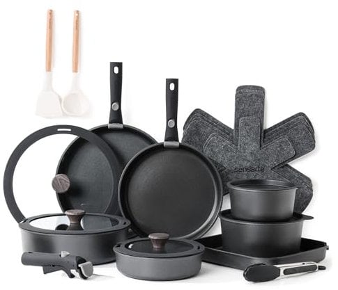 SENSARTE 24 Teiliges Topfset, Pfannenset Antihaft Kochgeschirr mit Abnehmbarem Griff*3, Topfset Induktion Geschirrspüler und Backofenfest, Gesundes Antihaft Wohnmobil Kochgeschirr (Schwarz)