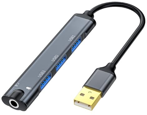 4-in-1-USB-Audio-Adapter, USB-Hub mit 3,5-mm-Sound-Anschluss, Unterstützt Headset und Mikrofon in Einem, 3 * USB + 3,5-mm-Sound-Anschluss, Plug-and-Play-Treiber für