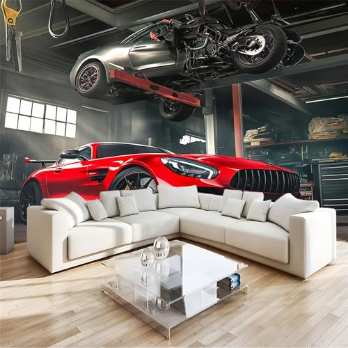 Chambre Papier Peint Panoramique Espace de RéParation Automobile Poster Geant Mural, Rouge Papier Peint Intissé Mural pour Salon Canapé TV Fond Décoration Murale 250x175cm