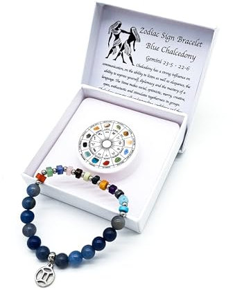 Sternzeichen Edelstein Armband in Geschenkbox | Schutz Glück Liebe Energie (Zwilling Blauer Chalcedon, 18 cm)