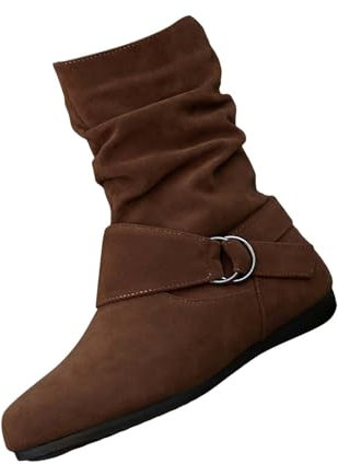 Botines para Mujer Sin Cordones, Planos, Con Cremallera Lateral, Hebilla de Gamuza, Caña Corta, Estilo Vintage Elegante, Color Café, Talla 40 EU