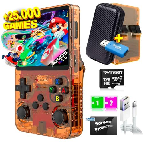 SVP Game - R36S Consola Retro Portatil PS1, n64, nDS, SuperN, GameB, Arcade, Atari, GBA, PSP Consola Portatil 40.000 Juegos Emulador Retro, Game Console, Videojuegos (Naranja 128 GB + Estuche + USB)