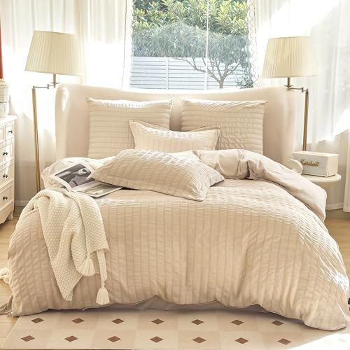 Amolavet Seersucker Bettwäsche 200x200 Beige Streifen 3 teilig Set - Sommer Wende Bettwäsche 200x200 aus Gebürstetem Mikrofaser mit Reißverschluss - Weich und Bügelfreie Bettwäsche für Doppelbett