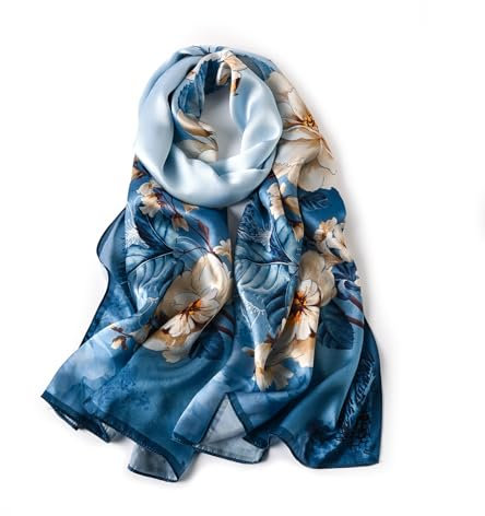 STORY OF SHANGHAI Womens 100% Natural Mulberry Silk Scarf Multi-use Scarves for Ladies,Blue Butterfly Flower