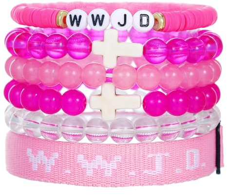 KZL WWJD Geflochtenes Seil-Armband, Kreuz, Kristall-Perlen, Stretch-Armbänder, What Would Jesus Do, Ton-Armband-Set, handgefertigt, gewebtes Armband, Glaube, religiöser Osterschmuck, christlicher