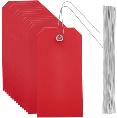 SOFPLATE 100 Stück Leere Rote Etiketten wasserdichte Versandetiketten Mit Öse Zum Aufhängen Aus Eisendraht Rechteckig 4.7 x 2.4 Zoll Kunststoff PVC Namensetiketten Etikettierset Zum Aufhängen von NAM