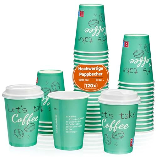 MH QUALITY Kaffeebecher To Go 200ml / 8 Oz - 120 Stück Premium Einweg Pappbecher Ohne Deckel für Kaffee | Hochwertige Coffee To Go Becher | Grün