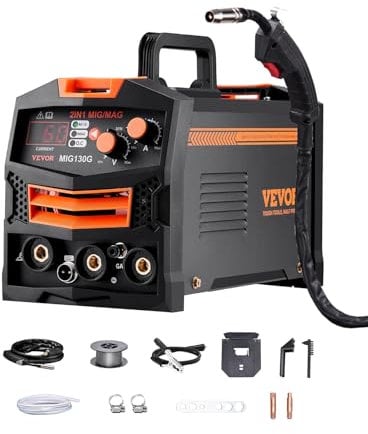 VEVOR Poste à Souder MIG, 130 A, Machine de Soudage Synergique Soudeuse Portable Multi-processus MIG au Gaz sans Gaz 2 en 1 Soudeur Puissant avec Technologie Onduleur IGBT, Écran d'Affichage Numérique