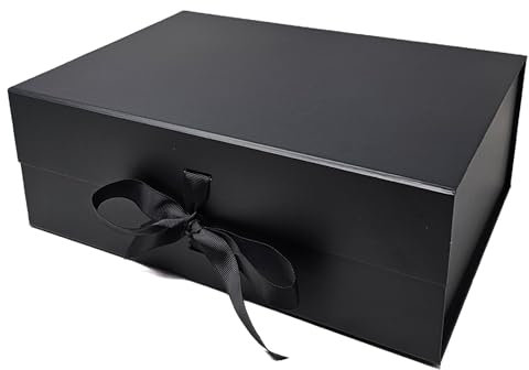 Luxury A4 Size White Folding Magnetic Closure Gift Box with Changeable Ribbon - L31cm x W22cm x H10cm (Black)