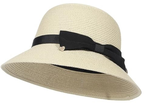 GEMVIE Sombrero de Paja Plegable para Mujer con Ala Ancha y Lazo, para Playa y Vacaciones de Verano
