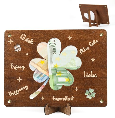 Geldgeschenk,Wunscherfüller Geschenke für Brautpaar,Originelle Hochzeitsgeschenke aus Holz inkl. Ständer, Geldgeschenk Verpackung für Hochzeit, Geburtstag, Jugendweihe & Reisen (Holz-Klee)