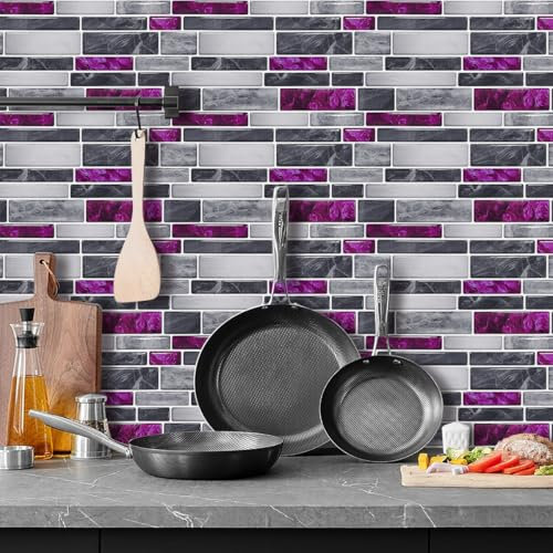 Fliesenaufkleber Lila Marmorgrau Mosaikfliesen PVC Klebefliesen Küche Bad Wand Fliesensticker Klebe Fliesen Küchenfliesen Überkleben Tile Sticker Selbstklebend Fliesen zum Kleben 12x24cm/10 Pcs