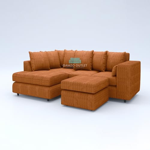 Gamzo Outlet Sofa Corner Sofa L Shape Jumbo Cord Fabric Square Settee Seater Suite Footstool (Left Hand Facing, Orange)