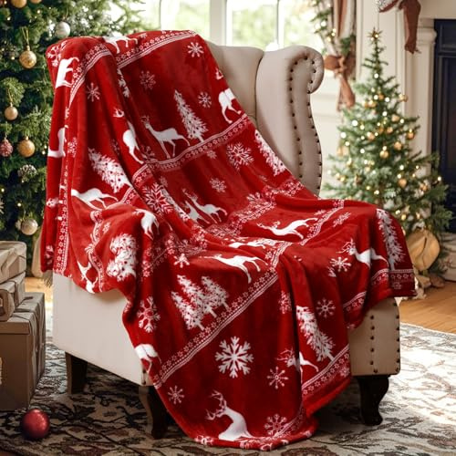 PHF Printed Fleece Blanket Single Size 130x150cm, No Shed No Pilling 280GSM Ultra Soft Plush Cozy Xmas Prints Theme Home Décor Flannel Blanket for Bed, Sofa, Couch and Gift, Reindeer and Trees Red