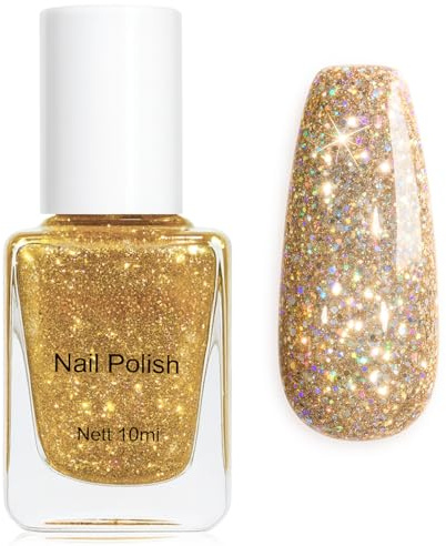 Glitter Nail Varnish, Gold Glitter Nail Polish, Quick Drying & Long Lasting Gold Sparkle Shimmer Flash Shinny Diamond Holographic Gel Polish, Nail Paint Sequins Nail Art - No Need Cure