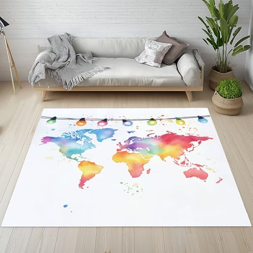 Dyjuaa Bunt Weltkarte Teppich Wohnzimmer 80x150 cm, Aquarell Karte Carpet Weich Kurzflor Waschbar, Teppiche rutschfeste für Schlafzimmer, Esszimmer, Kinderzimmer, Küche