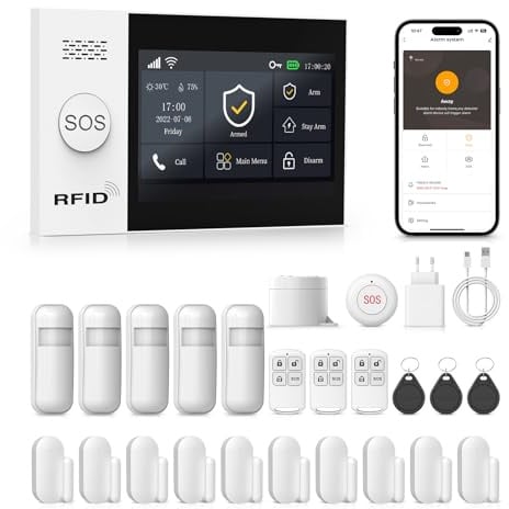 PGST GSM + WiFi Alarmanlage Haus mit 4.3 Touch Screen, Kein Vertrag Smart Komplettsysteme mit APP/SMS/Telefonanruf Alarm 24 Stück, 110dB Host, Bewegungsmelder, Tür/Fenster Sensoren, Fernbedienungen