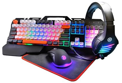 4 In 1 PC Gaming Bundle With LED Keyboard Mouse Headset Mouse Mat – Plug And Play Set With RGB Backlit Keys 6 DPI Settings Built-In Mic Anti Ghosting Keys Wrist Rest – Complete Gaming Setup