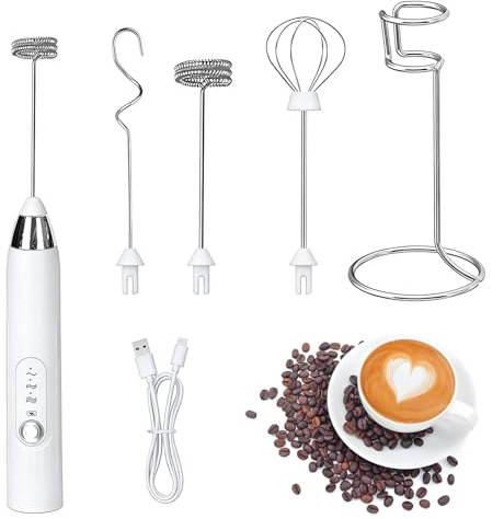 Xynovate Espumador de Leche, USB Recargable batidor de leche electrico | 3 Varillas Acero Inoxidable, Regulable en 3 Velocidades, Fácil Limpieza, Batidora de Leche Portáti, Blanca