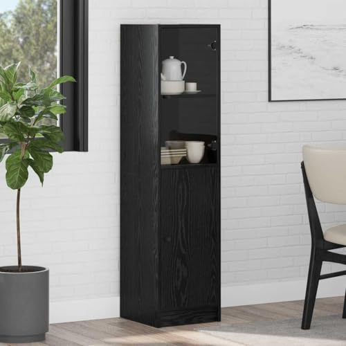 Hoopleep Highboard Schwarz Eichen-Optik 35x37x142 cm, Holzwerkstoff Hochschrank mit 2 Türen, Moderner Stauraum für Esszimmer, Küche, Schlafzimmer, Wohnzimmer, vielseitiges Möbelstück